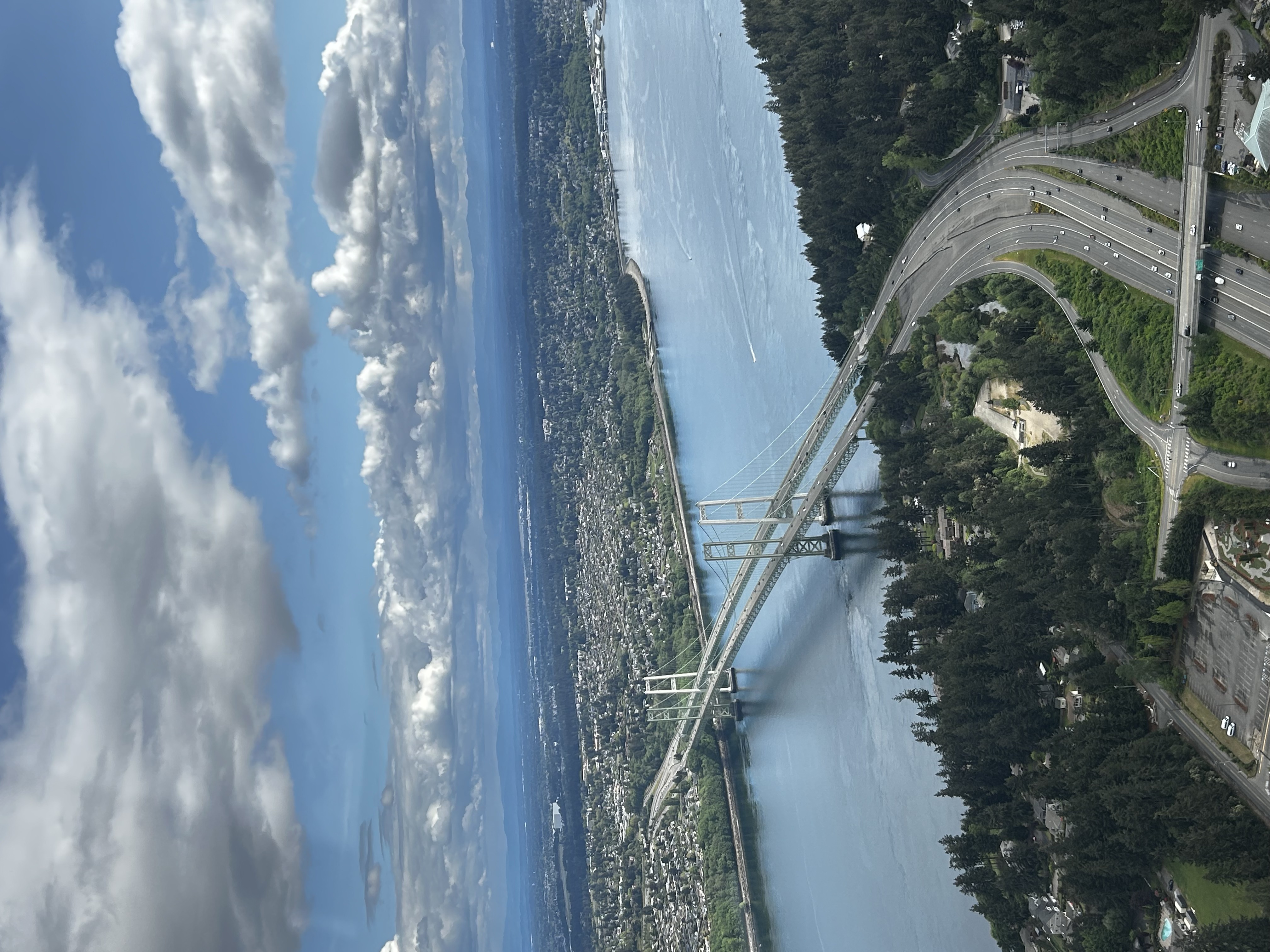 Aerial view of the Tacoma Narrows Bridge from the air